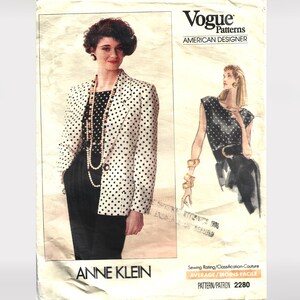 May include: A vintage Vogue Patterns sewing pattern for a blazer and a sleeveless top by Anne Klein. The pattern is for size 2280 and is rated as average difficulty.