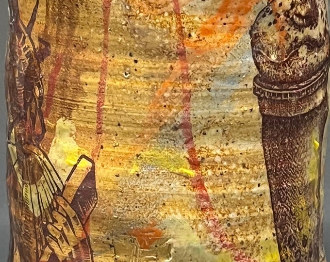 Wheel Thrown Wood Fired Salt Glazed Cup with Decal Collage Images