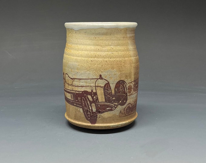 Wood Fired Salt Glazed Stoneware Cup Speedway/Racing Decal Images