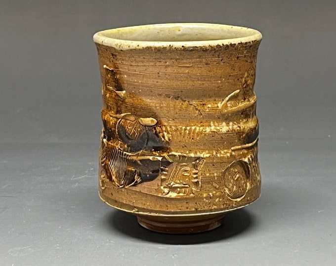 Wood Fired Salt Glazed Stoneware Cup with Sawyer Michigan Clay Slip Designs