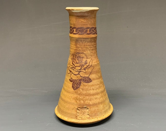 Wood Fired Bud Vase with Celtic knot and flower decal