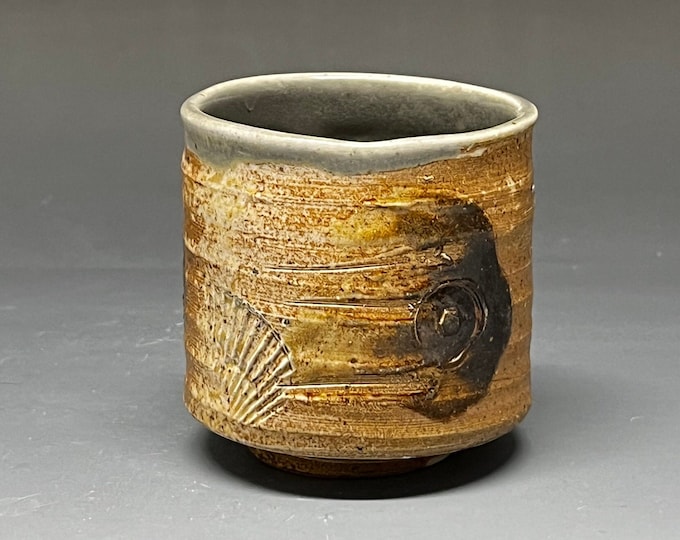 Handmade Wood Fired Salt Glazed Stoneware Cup with Sawyer Michigan Slip trailed decoration