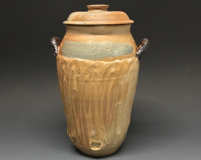 Wood Fired Salt Glazed Lidded Vase with Porcelain Slip surface texture