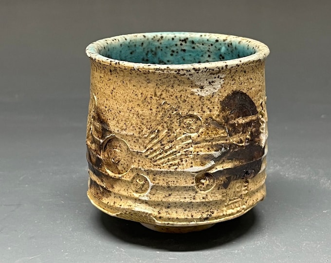Handmade Wood Fired Salt Glazed Stoneware Cup with clay Slip Design