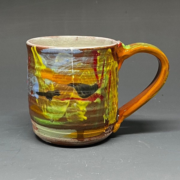 Wheel Thrown Mug with Earthenware Clay painted in Abstract Expressionist style