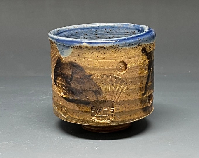 Handmade Wood Fired Salt Glazed Stoneware Cup with Sawyer Michigan Slip Glaze Design