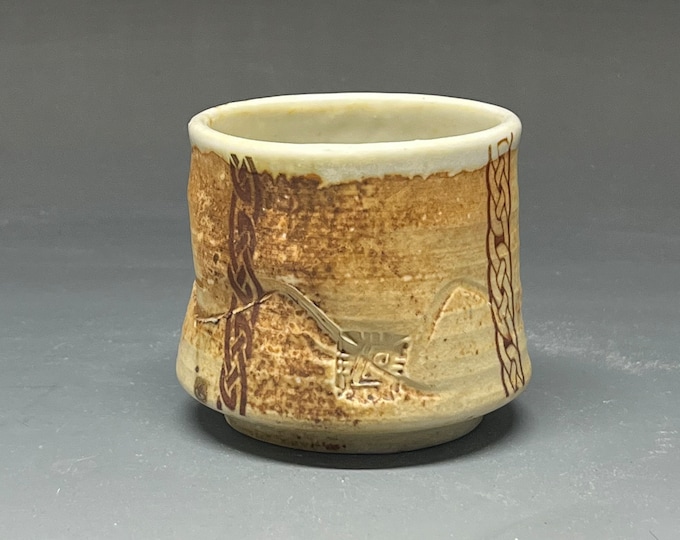 Handmade Wood Fired Salt Glazed Stoneware Cup with Celtic Knot Decal Design