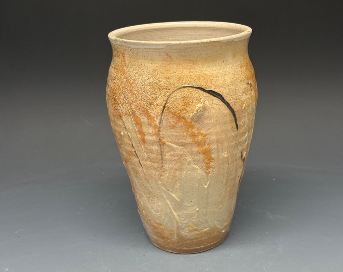 Wood Fired Salt Glazed Vessel with underglaze and stain stripes