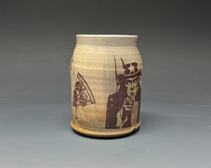 Wheel Thrown Wood Fired Salt Glazed Cup with Decal Collage Images