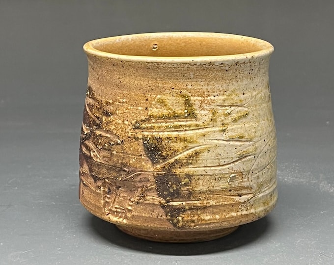 Handmade Wood Fired Salt Glazed Stoneware Cup with Race Track Slip Design