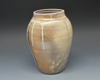 Handmade Wood Fired Salt Glazed Stoneware Floral Vase with underglaze and glaze drips
