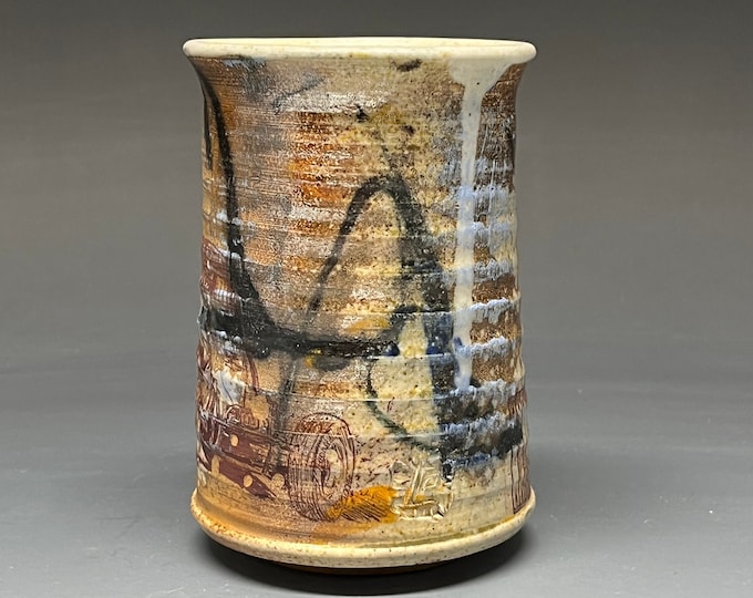 Handmade wheel thrown wood fired salt glazed cup with decal collage