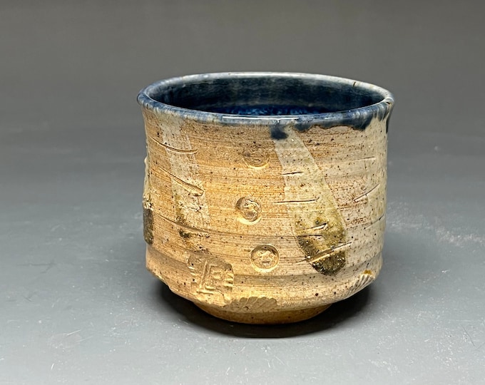 Handmade Wood Fired Salt Glazed Stoneware Cup with Clay Slip Design