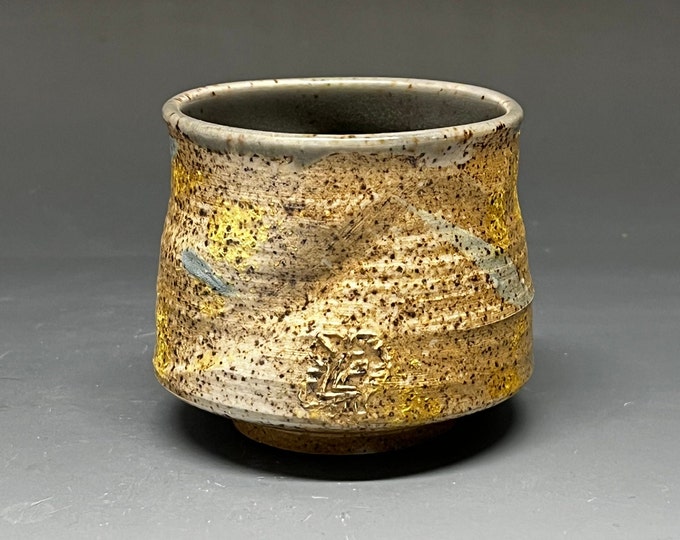 Handmade Wood Fired Salt Glaze Cup with Underglaze and Clay Slip Decoration