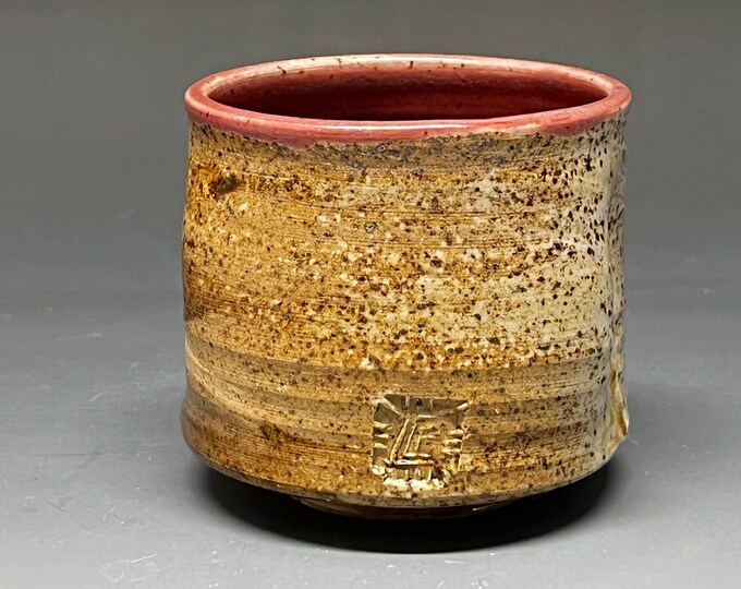 Handmade Wood Fired Salt Glazed Stoneware Cup with Knoxville Iowa Speedway Slip Design stripes