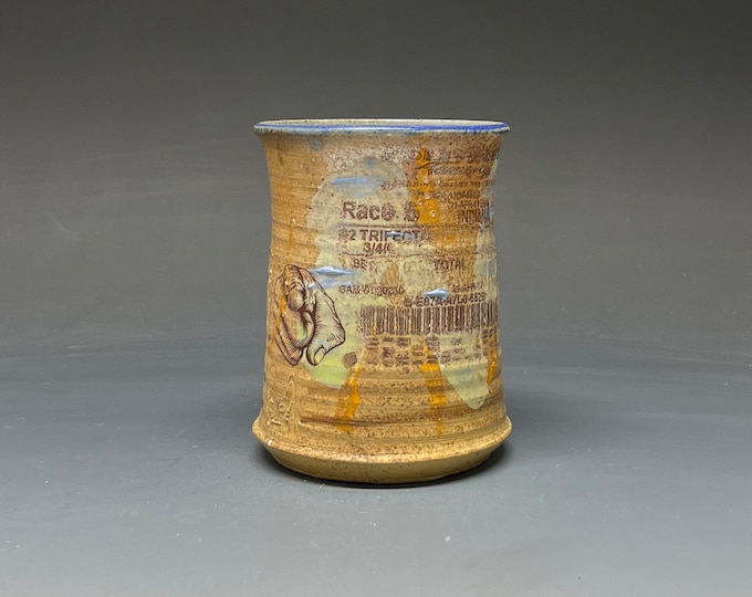 Wheel Thrown Wood Fired Salt Glazed Cup with Decal Collage Images