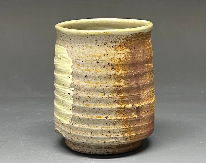 Wood Fired Salt Glazed Stoneware Cup with Underglaze and Slip Surface Decoration
