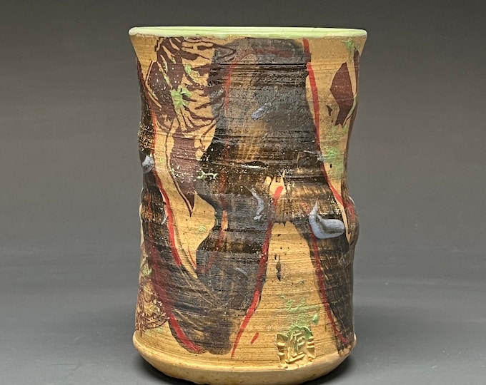 Wheel Thrown Wood Fired Salt Glazed Cup with Decal Collage Images