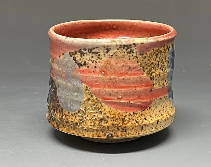 Handmade Stoneware Wood Fired Cup with Terre Haute Action Track Slip Design