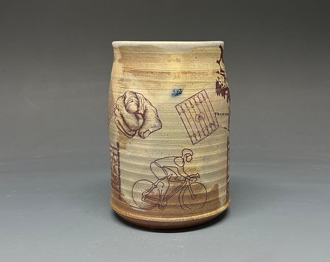 Wheel Thrown Wood Fired Salt Glazed Cup with Decal Collage Images