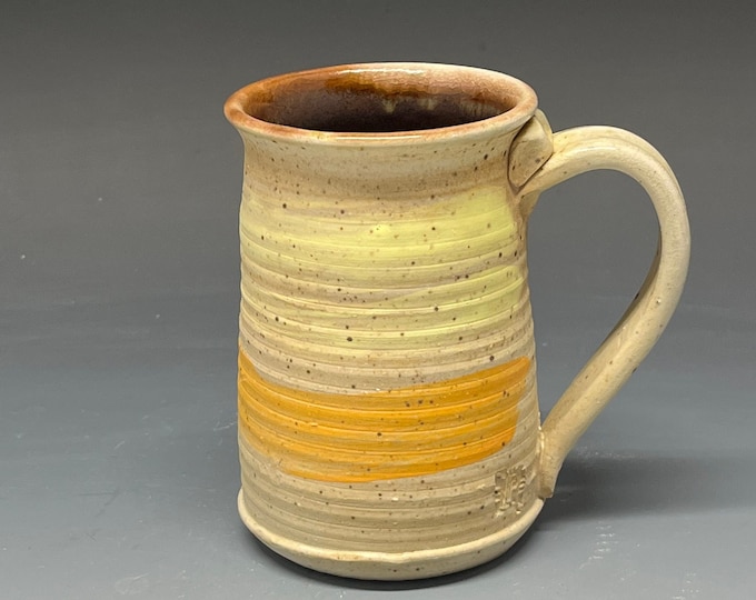 Wood Fired Salt Glazed Stoneware Coffee Mug with underglaze stripe decoration