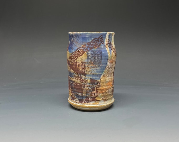 Wheel Thrown Wood Fired Salt Glazed Cup with Decal Collage Images