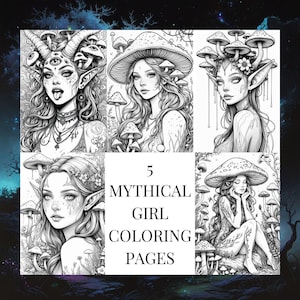 5 mythical girl/woman adult coloring pages, fantasy, elf, mushroom, coloring book, psychedelic, magic