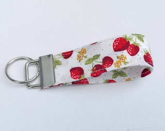 Strawberry Print Fabric Keychain: Handmade Cotton Key Fob for Her