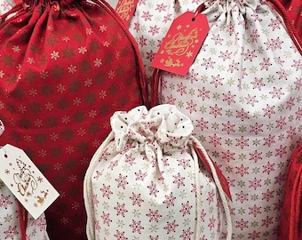 Christmas Gift Bags with Tags: Reusable Cotton Drawstring Bags
