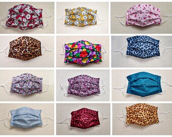 Reusable Cotton Face Mask Pleated Design Adjustable Straps Washable Adult Mask with Nose Wire