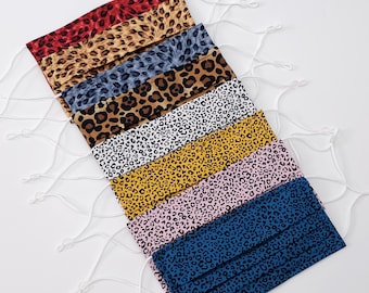 Leopard Print Cotton Face Mask Reusable Pleated Mask Adjustable Straps Nose Wire & Filter Pocket