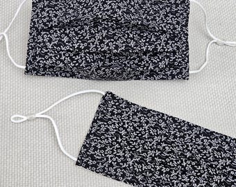 Ditsy Floral Cotton Face Mask, Reusable Cloth Face Cover, Black, Pink