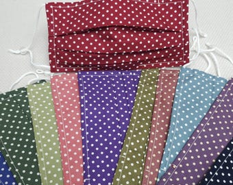 Polka Dot Cotton Face Mask Reusable Pleated Mask Adjustable Straps Nose Wire & Filter Pocket