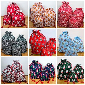 Reusable Christmas gift bags, Fabric drawstring poly cotton gift wrap