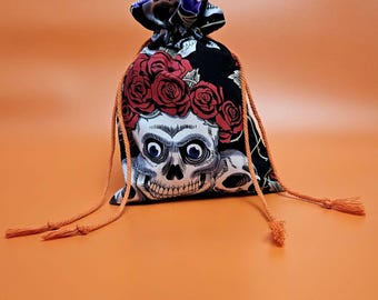 Halloween Cotton Drawstring Bag: Skull & Roses Treat Bag