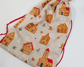 Large Christmas bag, Reusable cotton linen drawstring stocking filler, Handmade UK