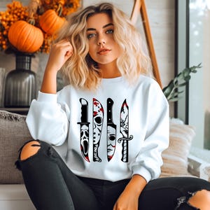 Horrorfilm Charakter Messer Rundhals-Sweatshirt | Horrorfilm Hoodie | Halloween-Sweatshirt | Gruseliger blutiger Hoodie | Herbst-Kleidung