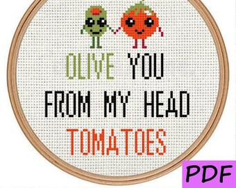 Patrón de punto de cruz Olive You From My Head Tomatoes (Descarga instantánea PDF)
