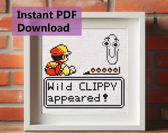 Patrón de punto de cruz con aparición de Clippy salvaje / Clip de papel de videojuego retro DIY Punto de cruz fácil para principiantes, regalo único para jugadores, descarga en PDF