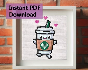 Patrón de punto de cruz de la taza de café de Starbucks / DIY lindos corazones de amor punto de cruz fácil para principiantes, regalo único y divertido para amantes del café, descarga en PDF