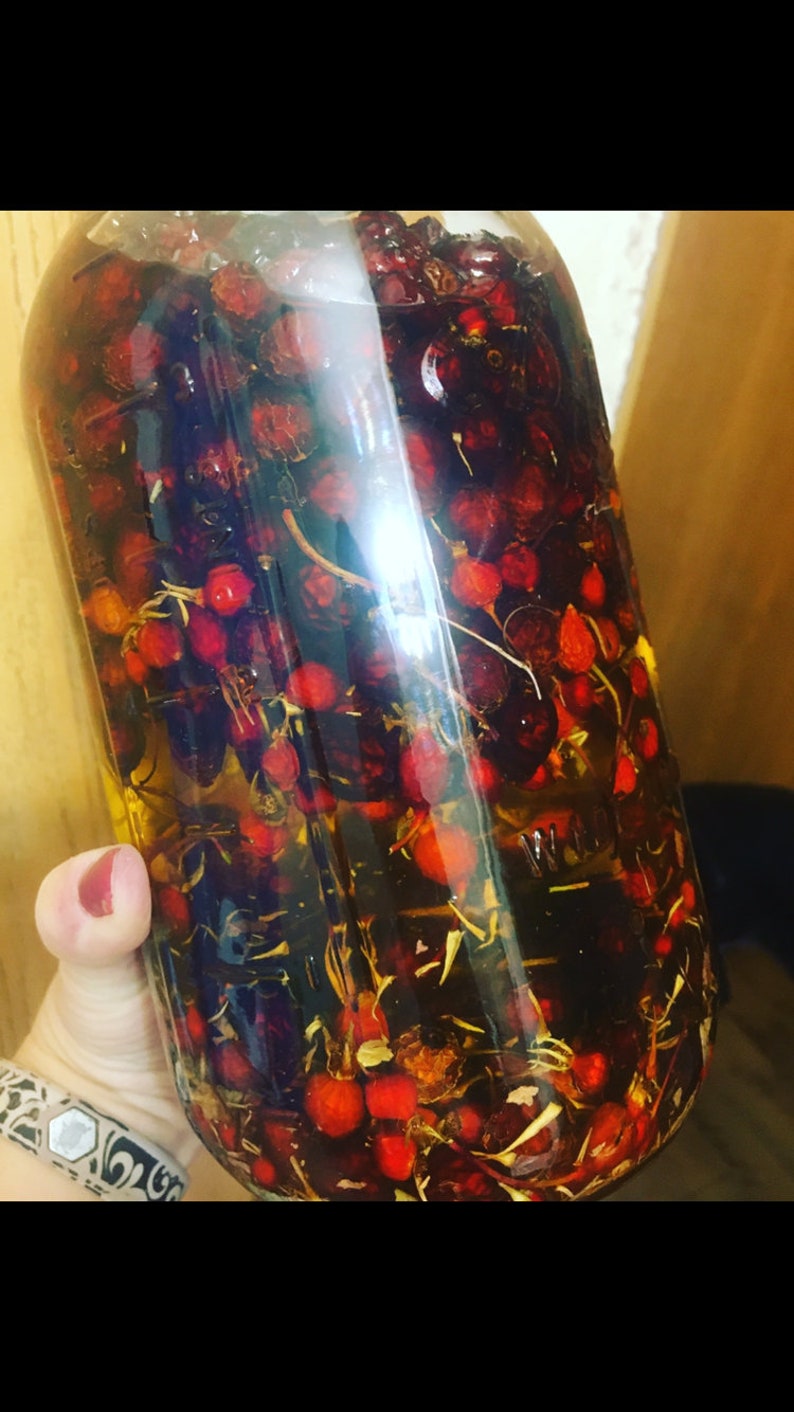 May include: A large, clear glass jar filled with red berries and plant material, immersed in a dark liquid. The jar is held by a person with a silver bracelet. The contents appear to be preserved or infused.