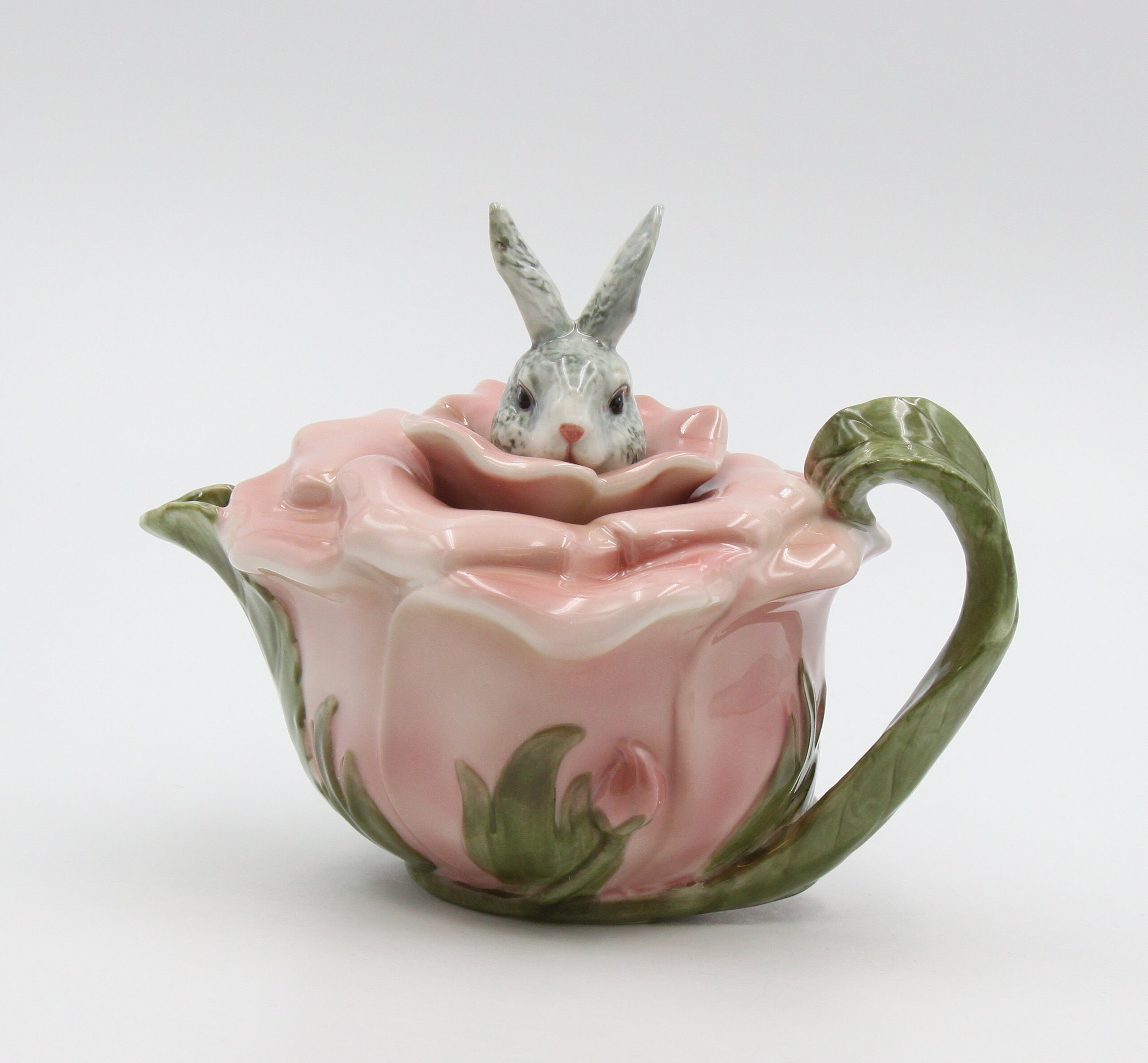 Hand painted ceramic pink Victorian rose teapot with Easter bunny rab…