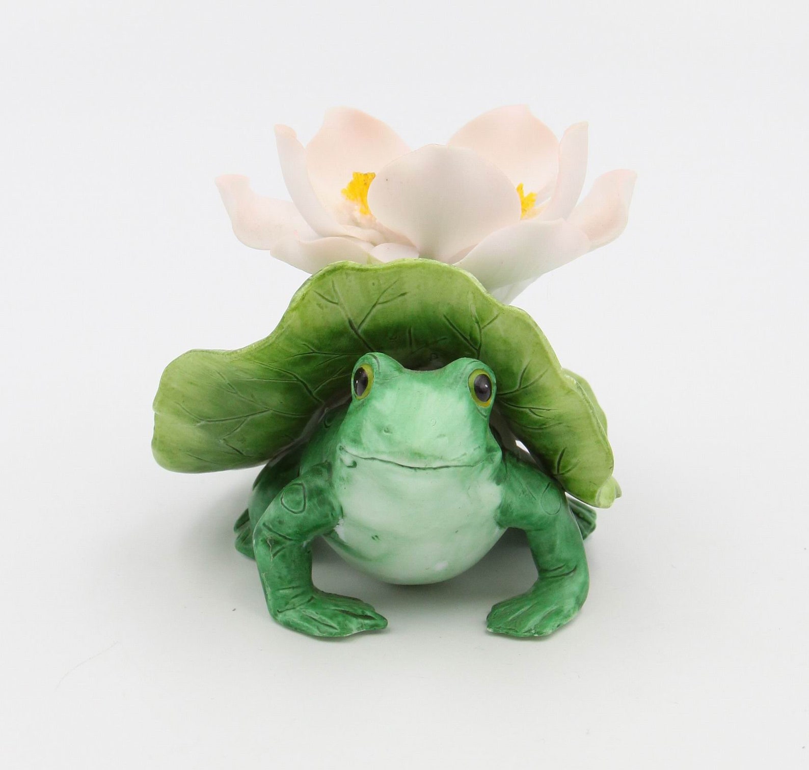 Hand painted ceramic cute green frog covered by lotus flower Etsy
