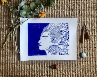 Linocut "In your hair", 30 cm by 40 cm, Ultramarine Blue, Arches acid-free paper 300g/m2