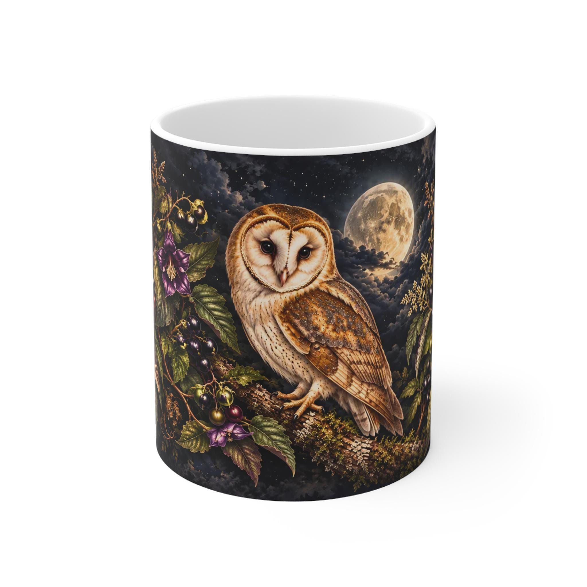 Barn Owl Mug, Gothic Botanical Coffee Cup, Dark Academia Nature Lover Gift