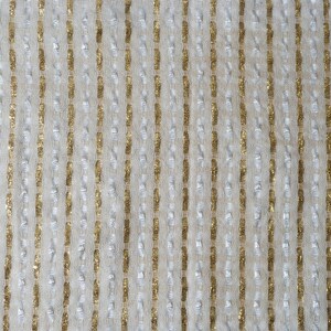 May include: A close-up of a textured fabric with vertical stripes of gold and silver thread.