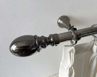 Roestvrijstalen zwarte gordijnroedes met een diameter van 28 mm, metalen gordijnroeden, verschillende decoratieve roedeuiteinden beschikbaar voor gordijnroedes op maat.