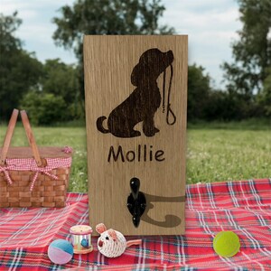 May include: Wooden dog leash holder with a black dog silhouette and the name "Mollie" engraved below. A black hook is below the name. A picnic basket, toys, and a tennis ball are in the foreground, set on a red and white checkered blanket.