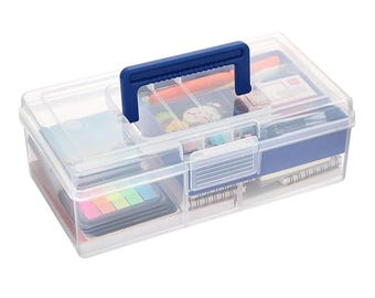 Plastic Carry Storage Box with Removable Dividers, Clear Art Craft Supply Storage Bin Sewing Box With Handle Lid, 2 Layers Stationery Storag