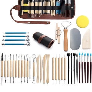 May include: A set of 40 pottery tools for sculpting and modeling clay. The tools come in a variety of shapes and sizes, including sculpting tools, smoothing tools, and shaping tools. The tools are made of metal and wood and come in a brown leather roll-up case.